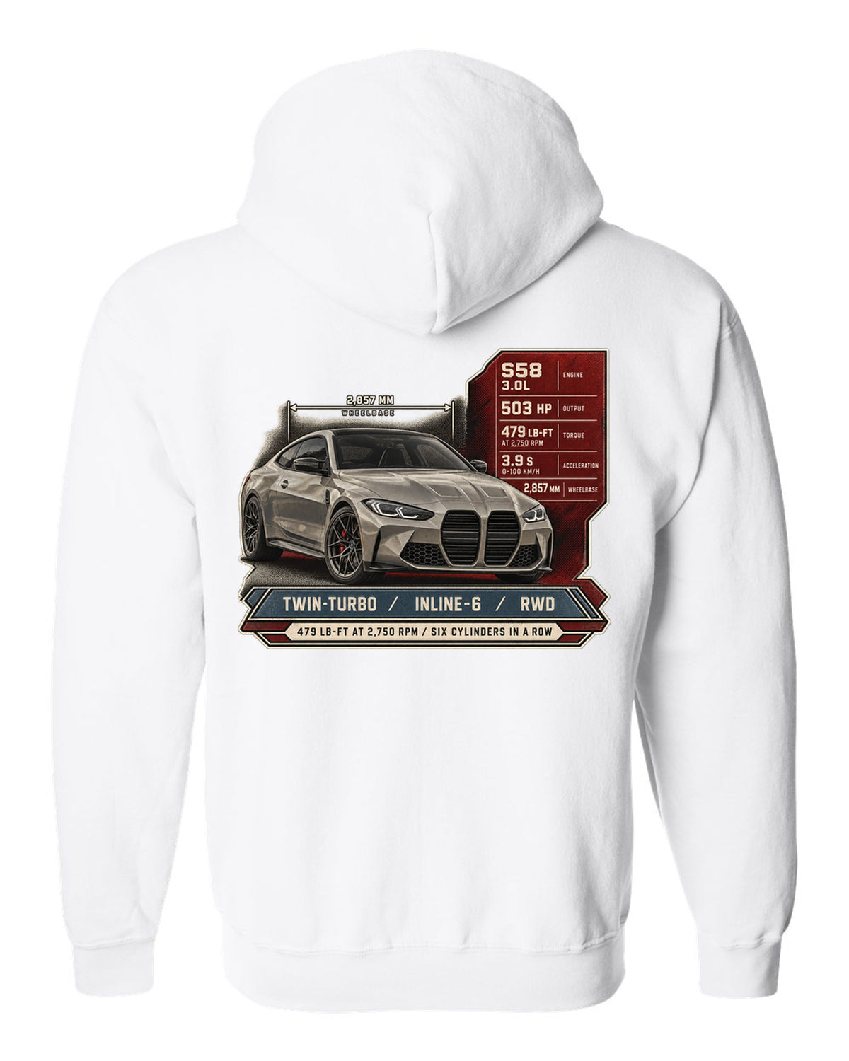 BMW M4 Competition G82 spec poster print with 479 lb-ft and six cylinders in a row white zip hoodie back view with the design