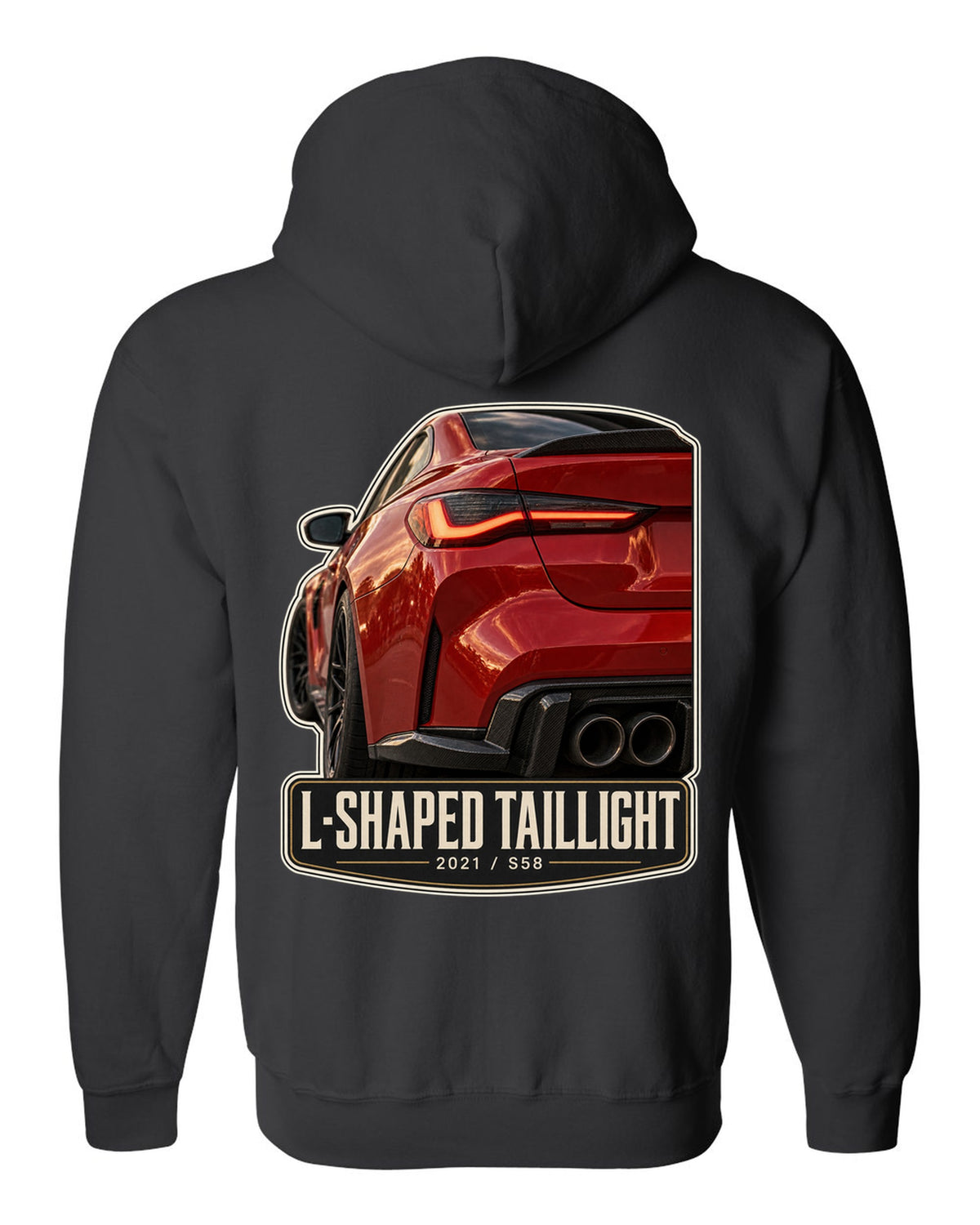 BMW M4 Competition G82 L-shaped taillight macro print with 2021 and S58 text black zip hoodie back view with the design