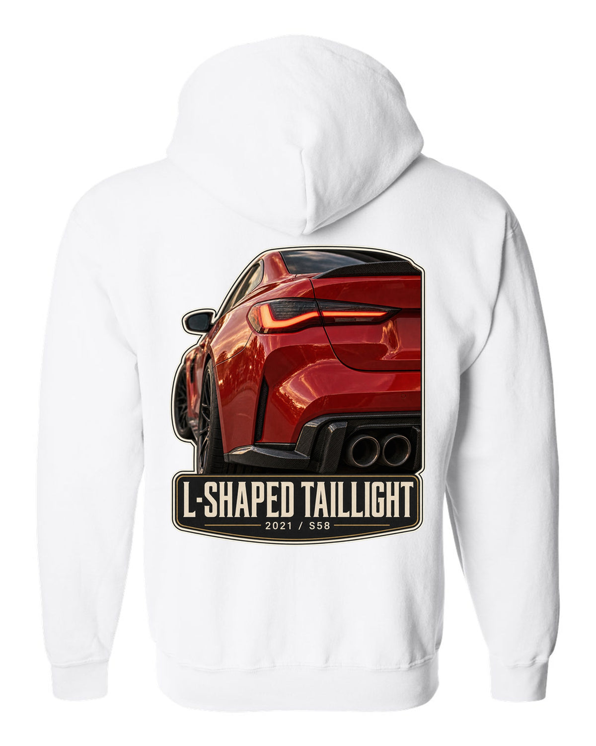 BMW M4 Competition G82 L-shaped taillight macro print with 2021 and S58 text white zip hoodie back view with the design