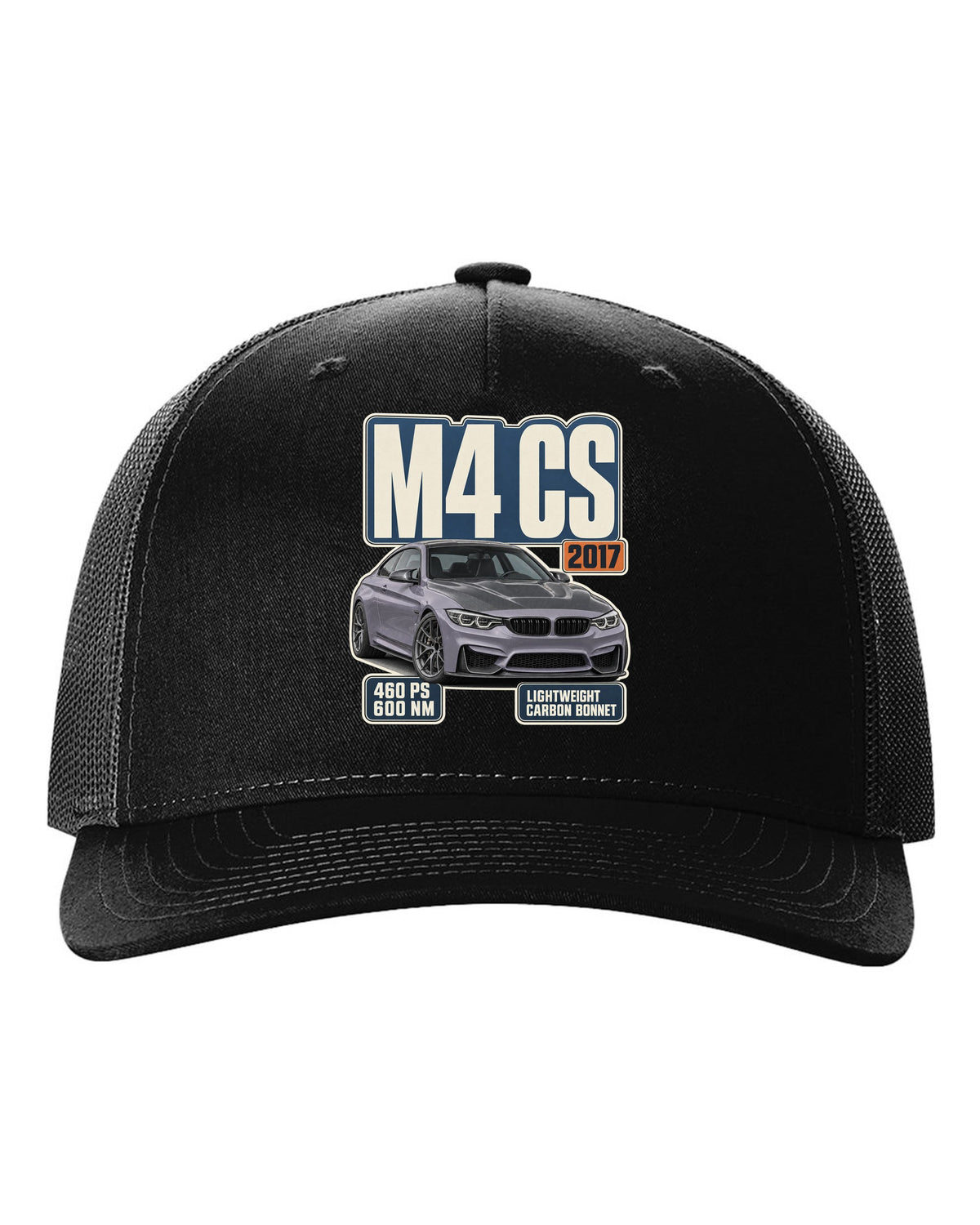BMW M4 CS F82 editorial headline print design black hat front view with the design