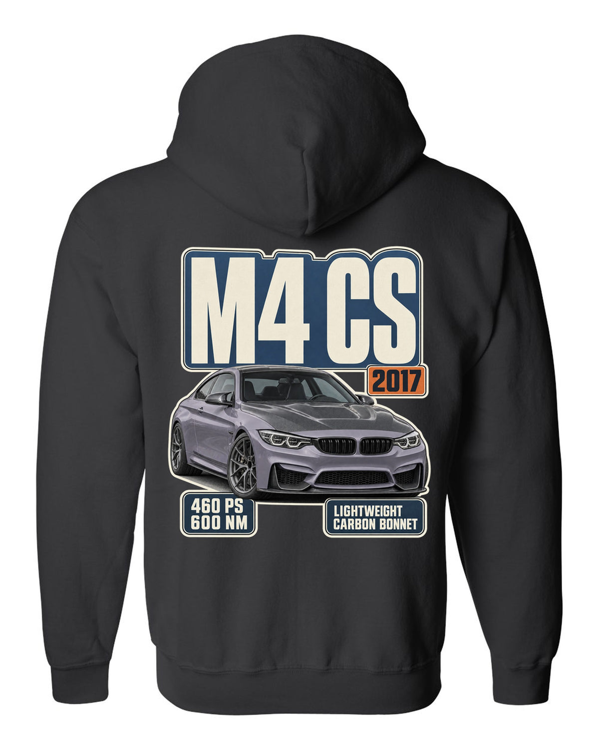 BMW M4 CS F82 editorial headline print design black zip hoodie back view with the design