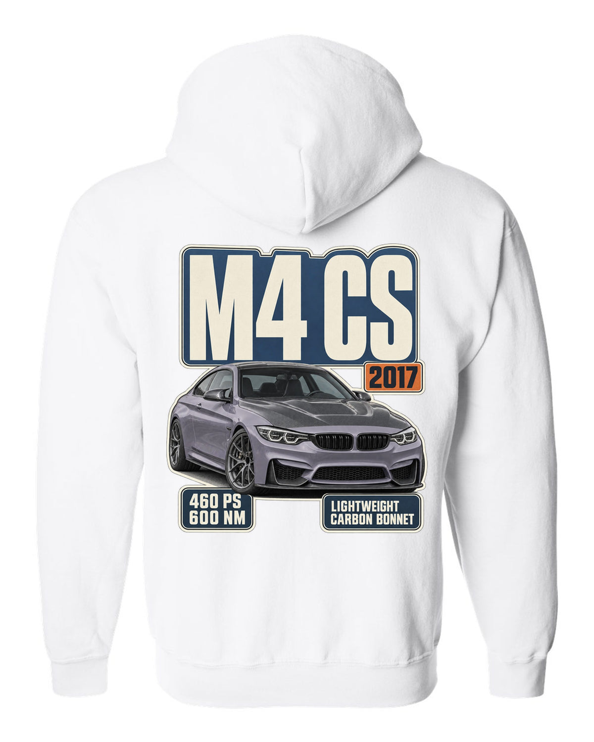 BMW M4 CS F82 editorial headline print design white zip hoodie back view with the design