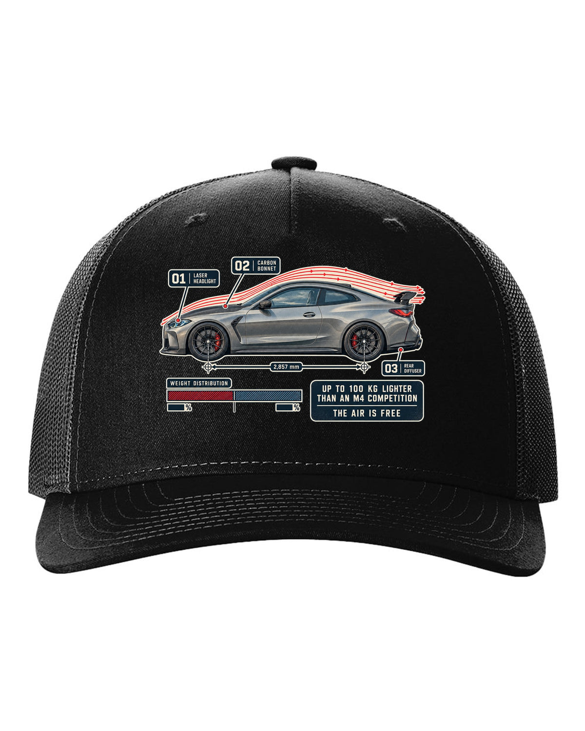 BMW M4 CSL G82 aero flow cutaway print black hat front view with the design