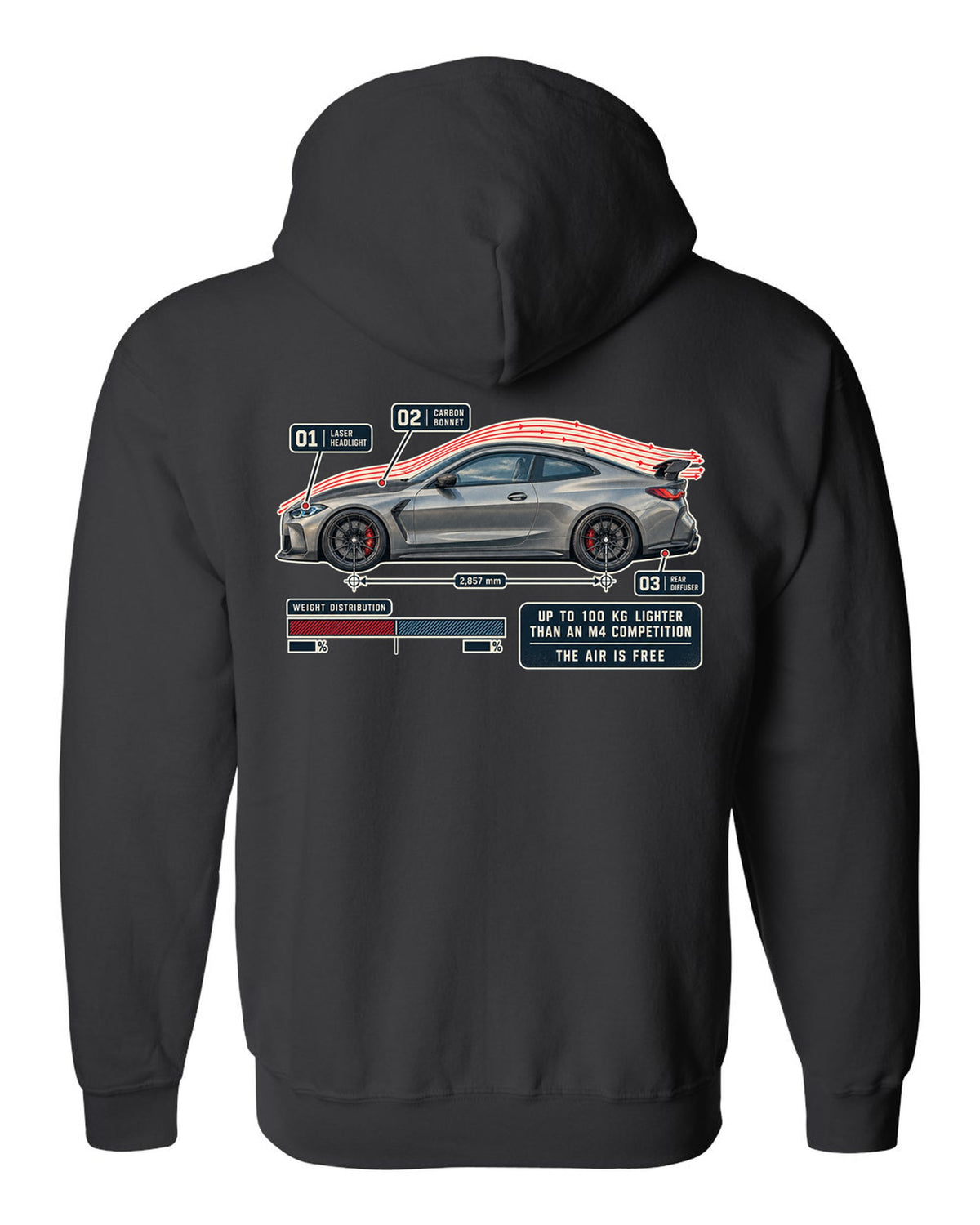 BMW M4 CSL G82 aero flow cutaway print black zip hoodie back view with the design