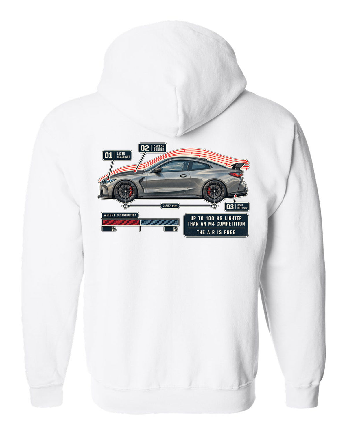 BMW M4 CSL G82 aero flow cutaway print white zip hoodie back view with the design