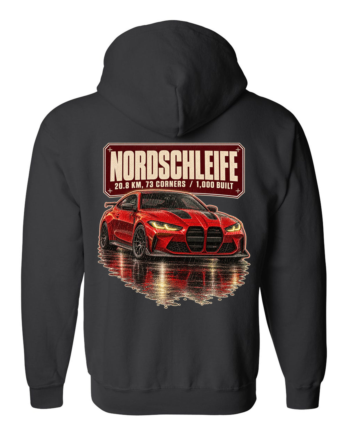 BMW M4 CSL G82 Nordschleife night scene print black zip hoodie back view with the design