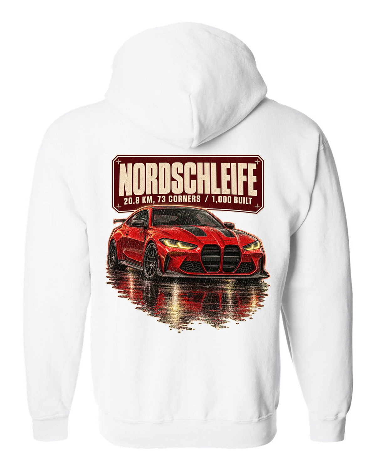 BMW M4 CSL G82 Nordschleife night scene print white zip hoodie back view with the design
