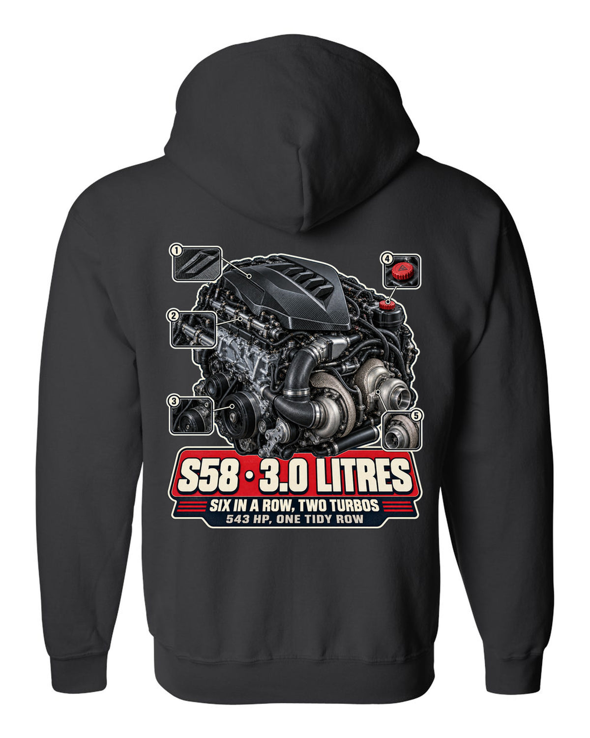 BMW M4 CSL G82 S58 engine bay hero print black zip hoodie back view with the design