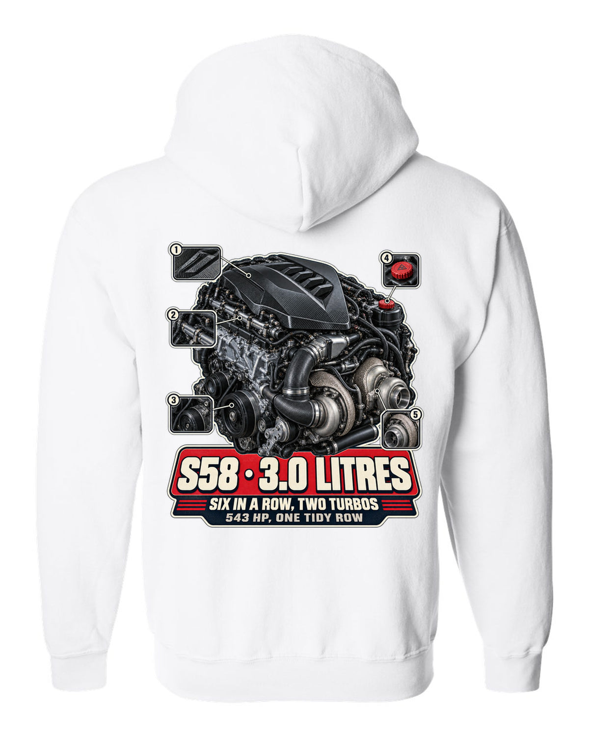 BMW M4 CSL G82 S58 engine bay hero print white zip hoodie back view with the design