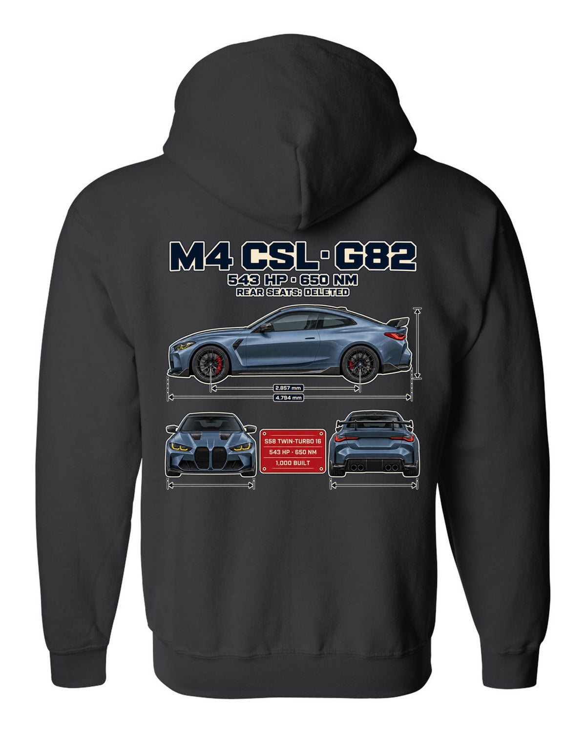 BMW M4 CSL G82 three-view spec table print black zip hoodie back view with the design