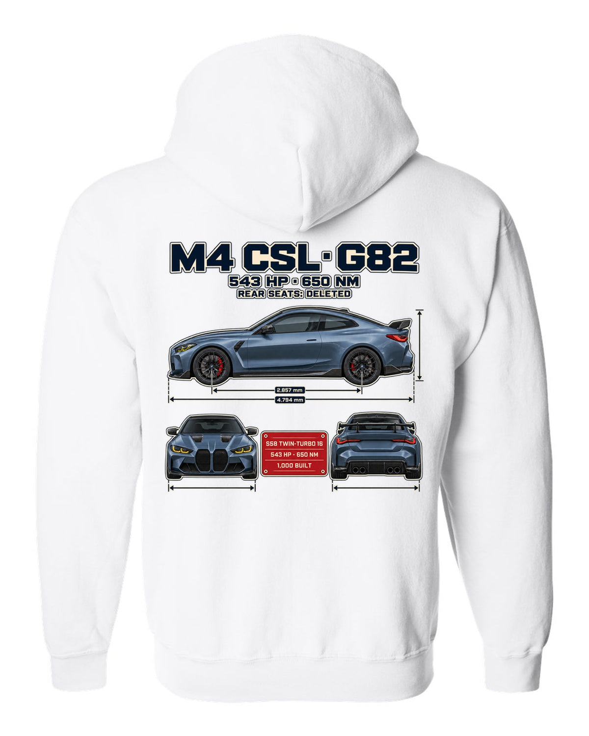 BMW M4 CSL G82 three-view spec table print white zip hoodie back view with the design