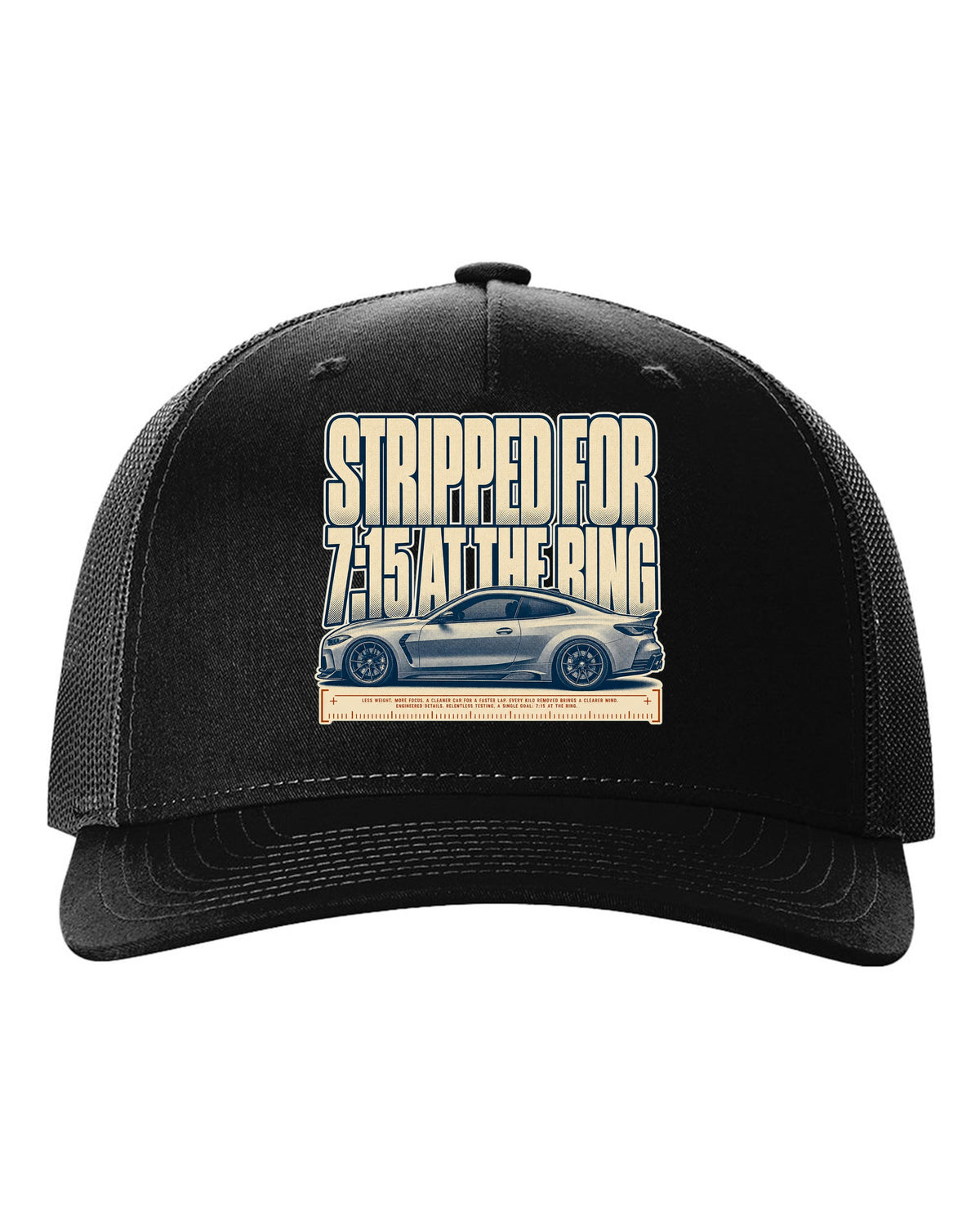 BMW M4 CSL G82 halftone print with 7:15 at the Ring text black hat front view with the design