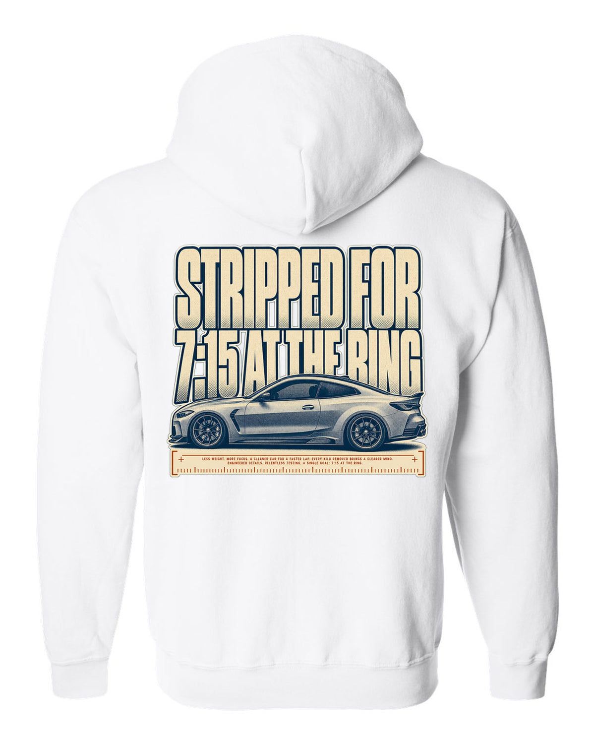 BMW M4 CSL G82 halftone print with 7:15 at the Ring text white zip hoodie back view with the design