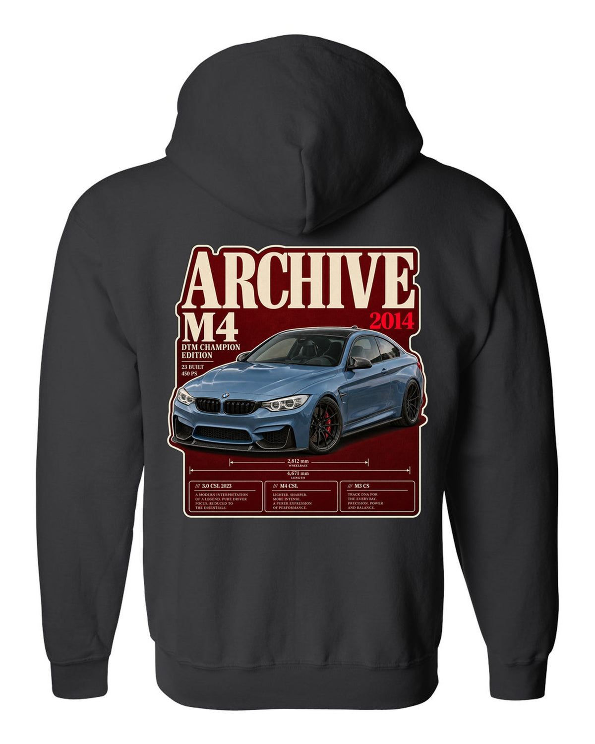 BMW M4 DTM Champion Edition F82 archive panel print black zip hoodie back view with the design