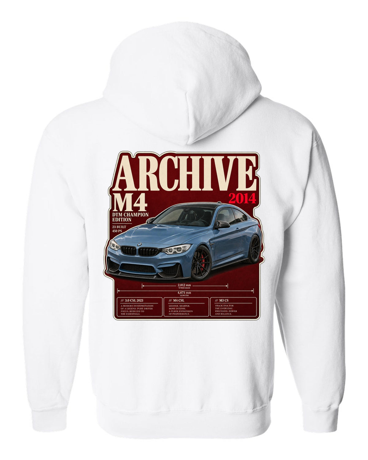 BMW M4 DTM Champion Edition F82 archive panel print white zip hoodie back view with the design