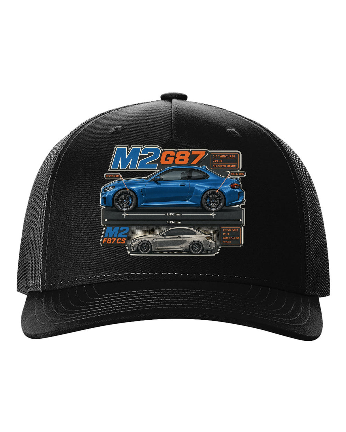 BMW M4 G82 coupe dimension blueprint print with 473 hp and six-speed manual black hat front view with the design