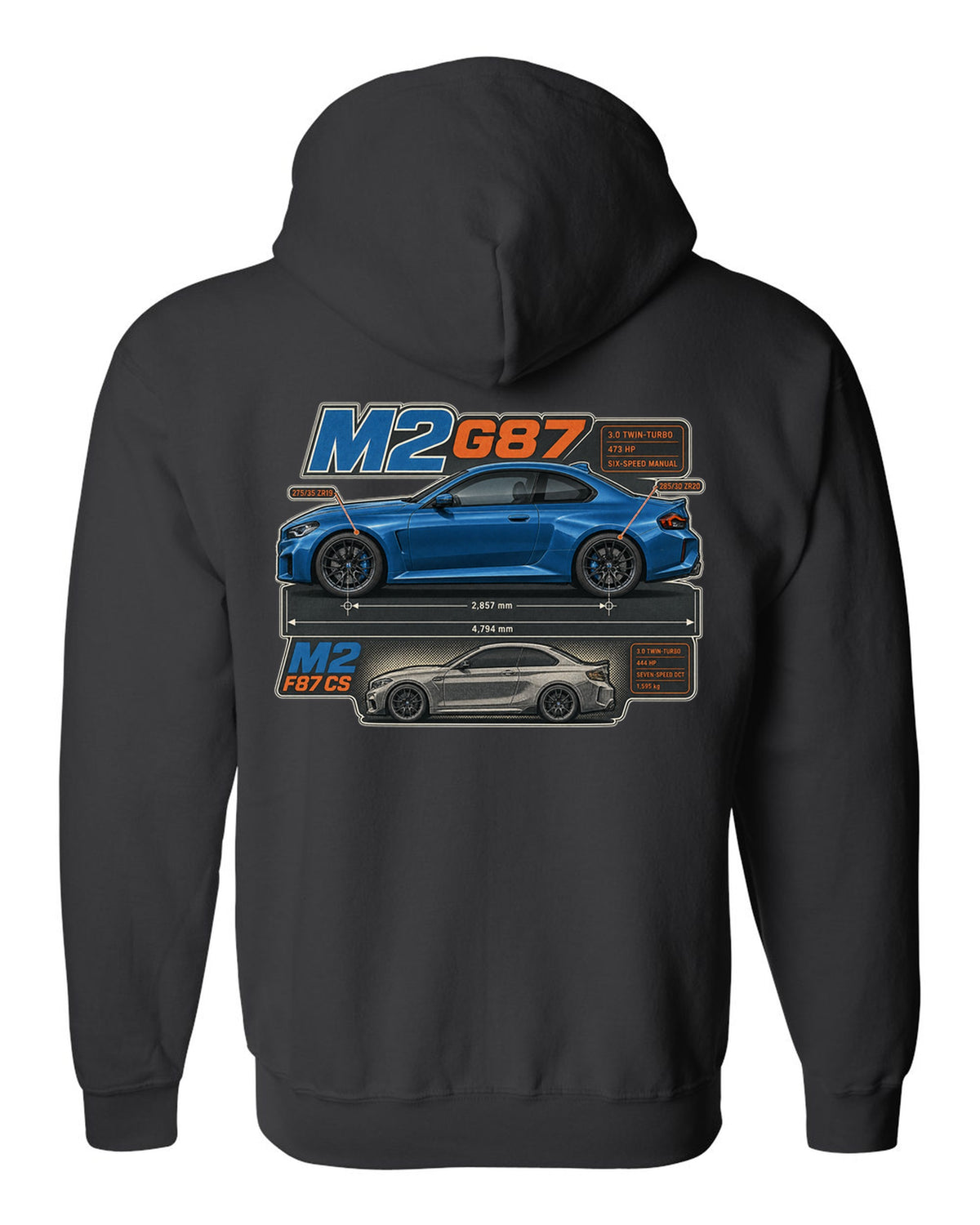 BMW M4 G82 coupe dimension blueprint print with 473 hp and six-speed manual black zip hoodie back view with the design