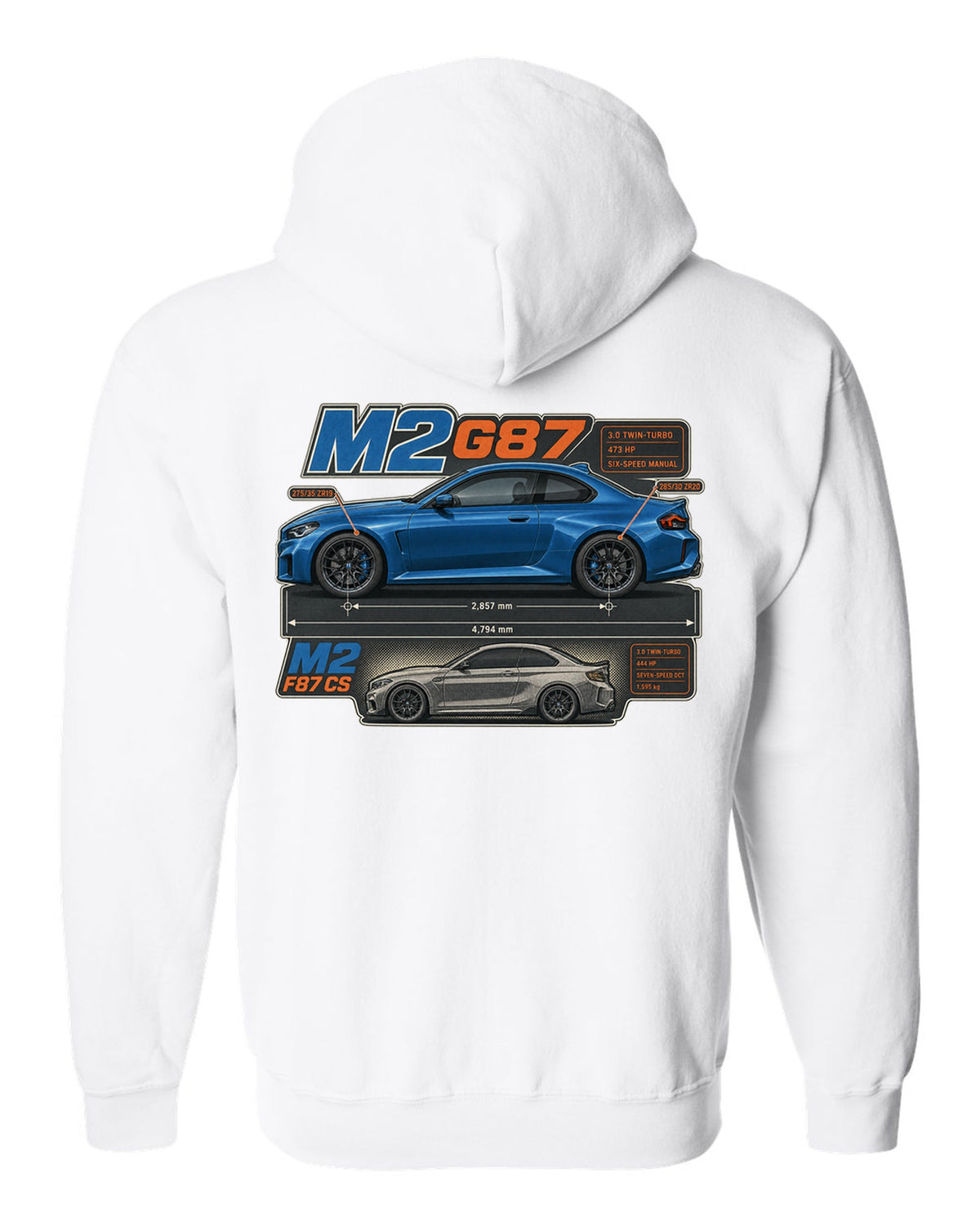 BMW M4 G82 coupe dimension blueprint print with 473 hp and six-speed manual white zip hoodie back view with the design