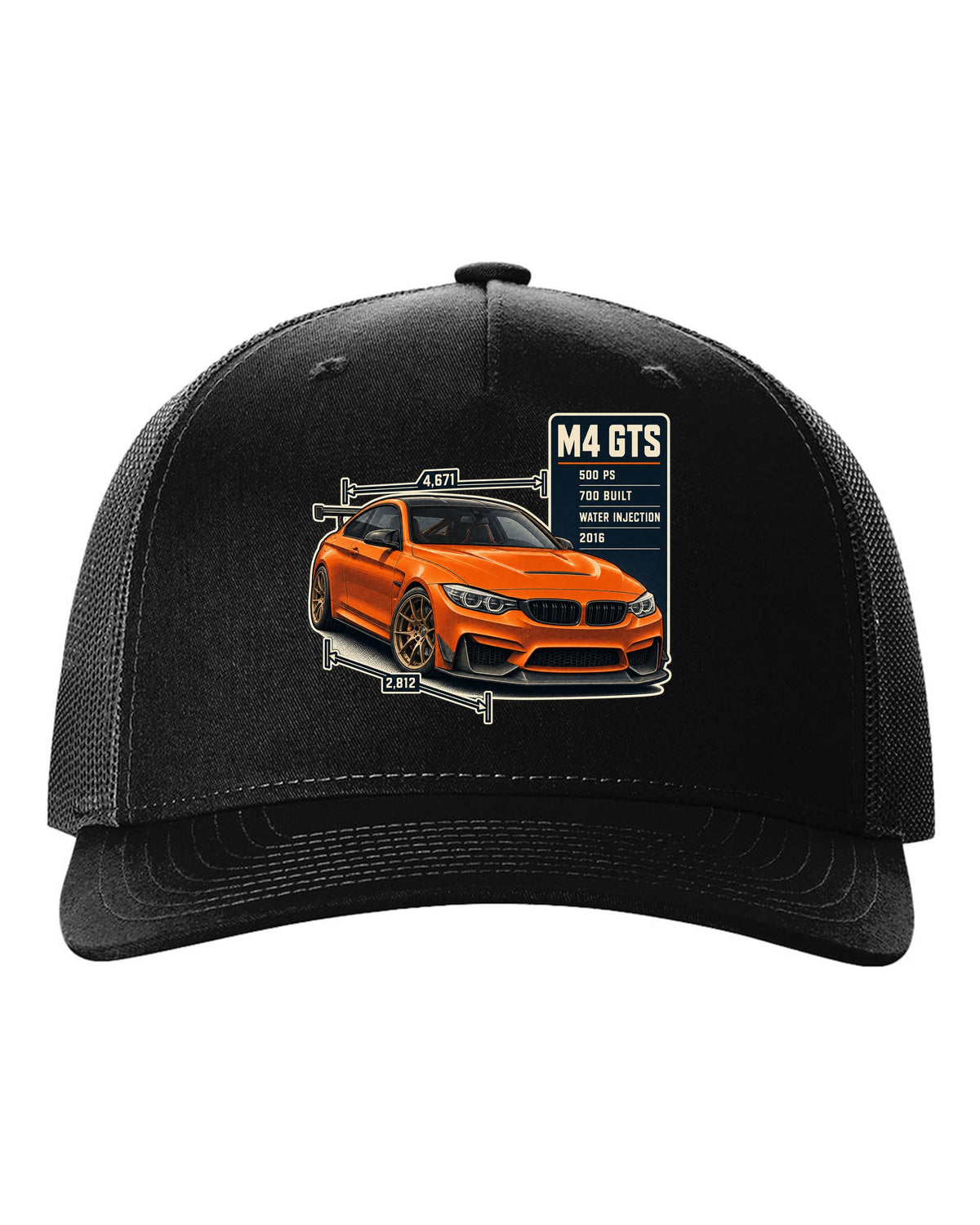 BMW M4 GTS F82 spec poster print design black hat front view with the design