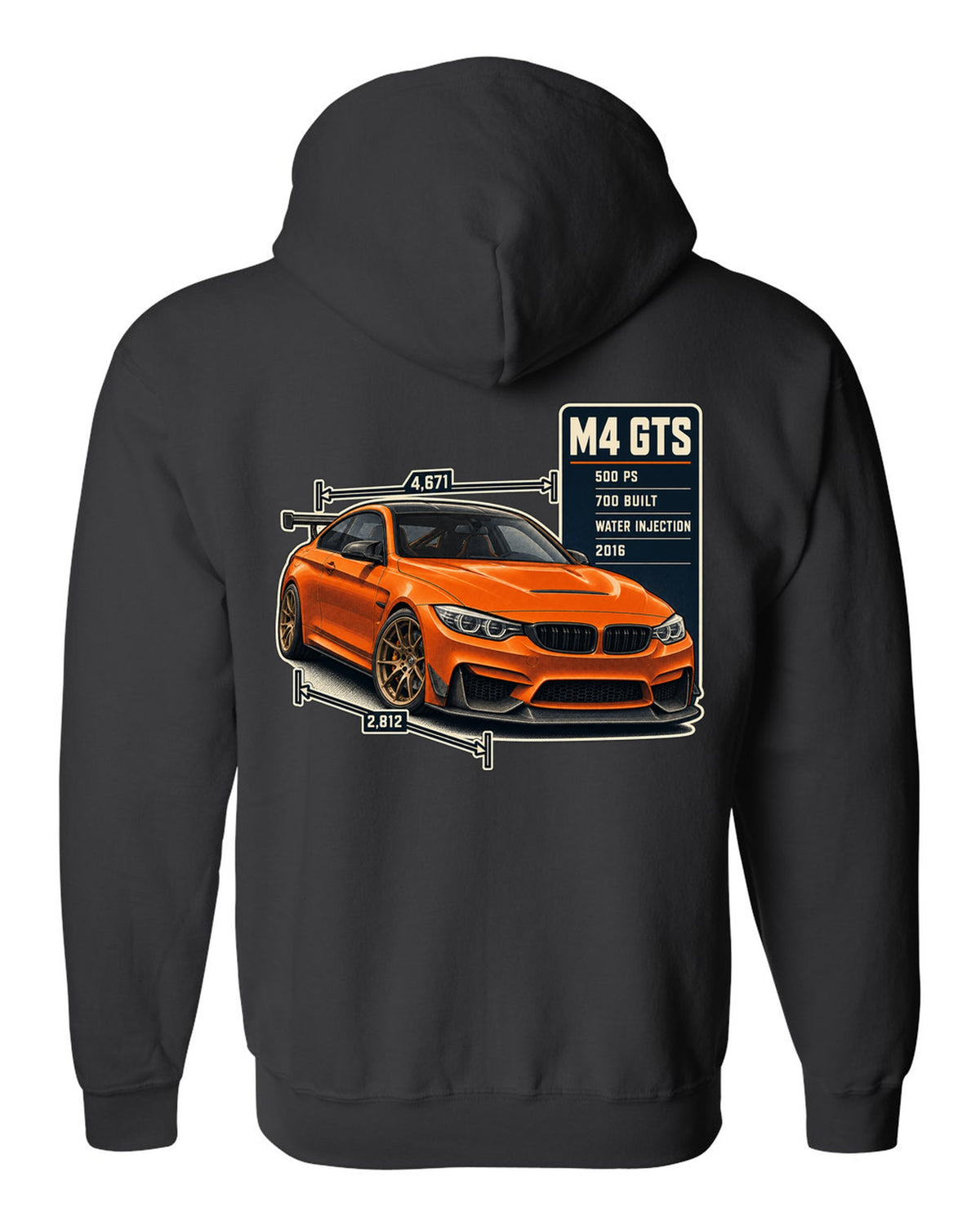 BMW M4 GTS F82 spec poster print design black zip hoodie back view with the design