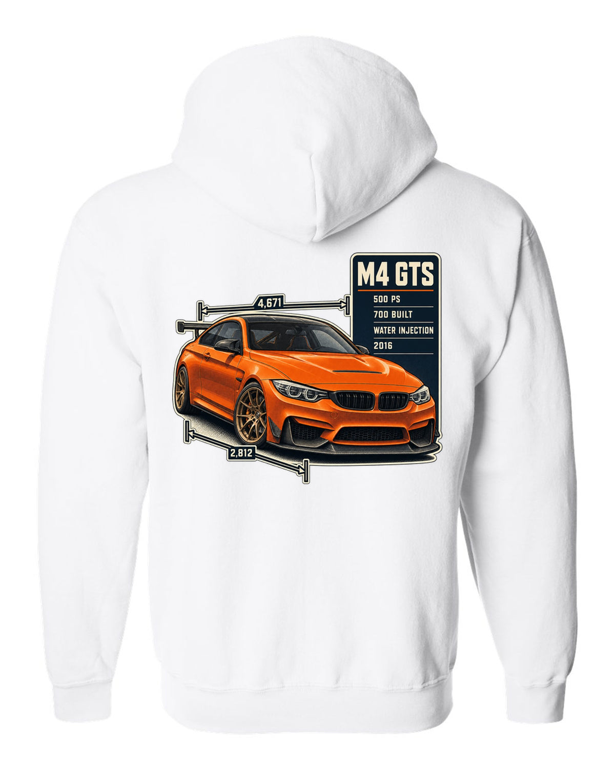 BMW M4 GTS F82 spec poster print design white zip hoodie back view with the design