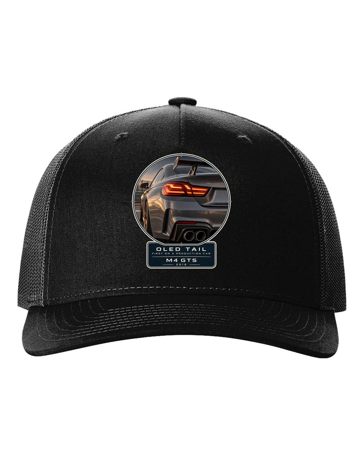 BMW M4 GTS OLED taillight macro print design black hat front view with the design
