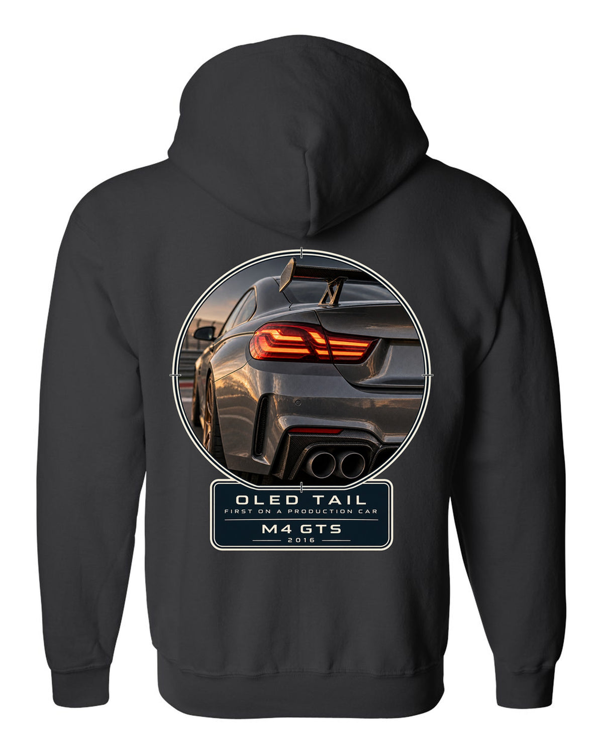 BMW M4 GTS OLED taillight macro print design black zip hoodie back view with the design