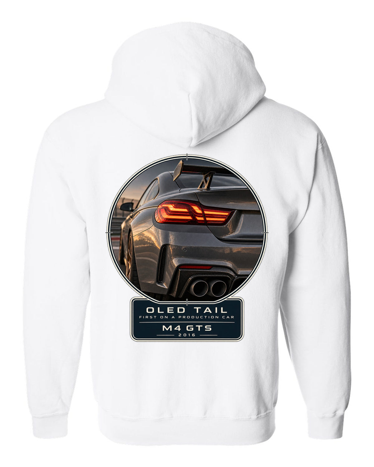 BMW M4 GTS OLED taillight macro print design white zip hoodie back view with the design