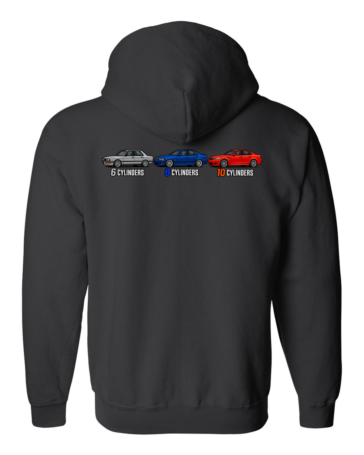 Generation lineup print of the BMW M5 E28, E39 and E60 with 6, 8 and 10 cylinders text black zip hoodie back view with the design