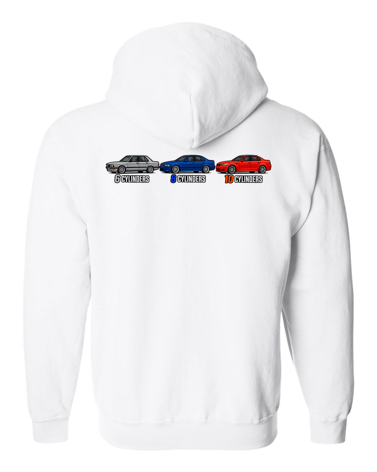 Generation lineup print of the BMW M5 E28, E39 and E60 with 6, 8 and 10 cylinders text white zip hoodie back view with the design