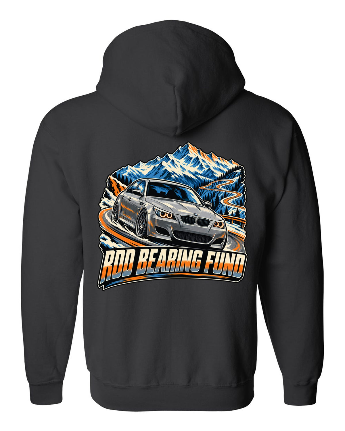 Retro Japanese showa catalogue print of a BMW M5 E28 with S38 3.5 six text black zip hoodie back view with the design