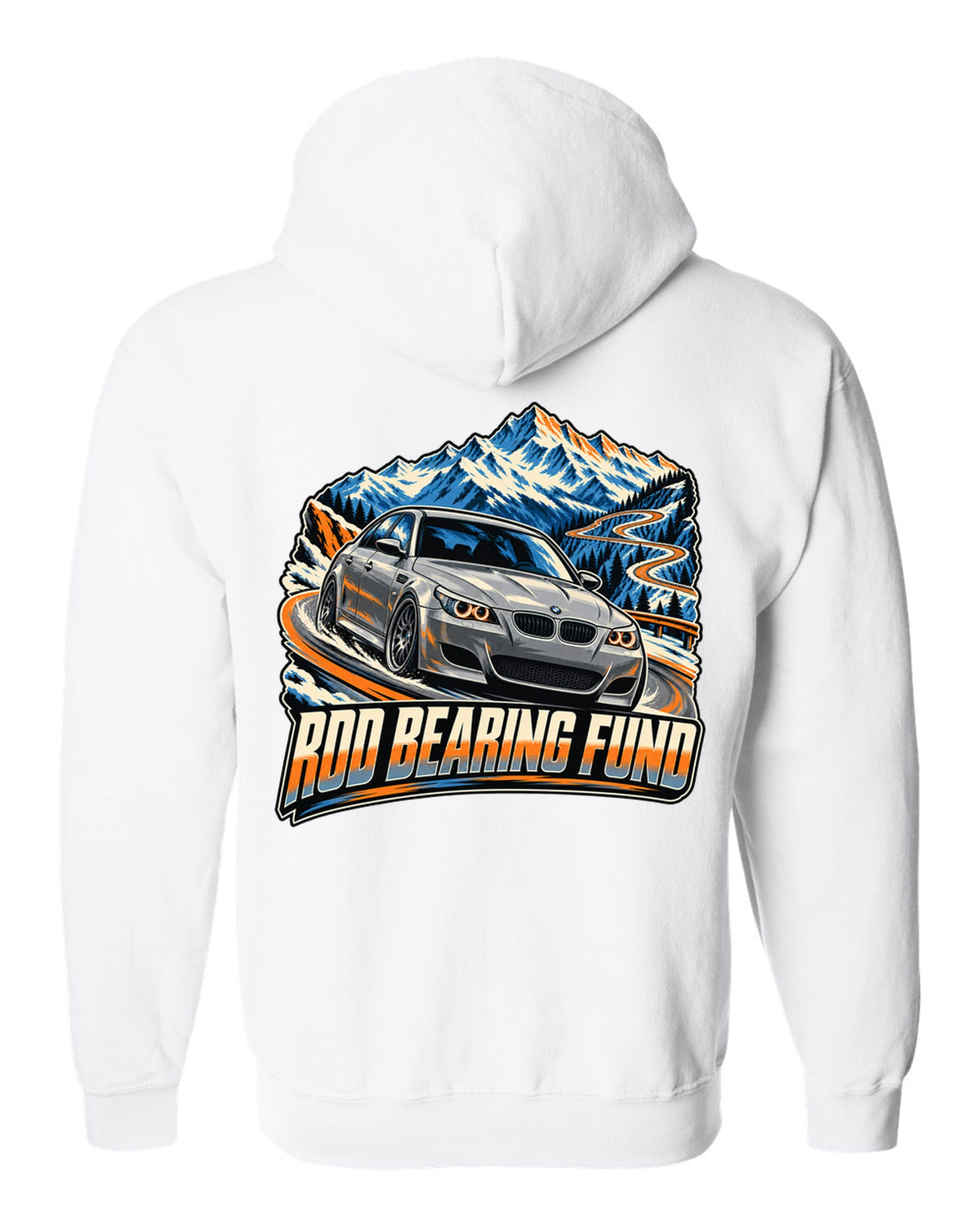 Retro Japanese showa catalogue print of a BMW M5 E28 with S38 3.5 six text white zip hoodie back view with the design