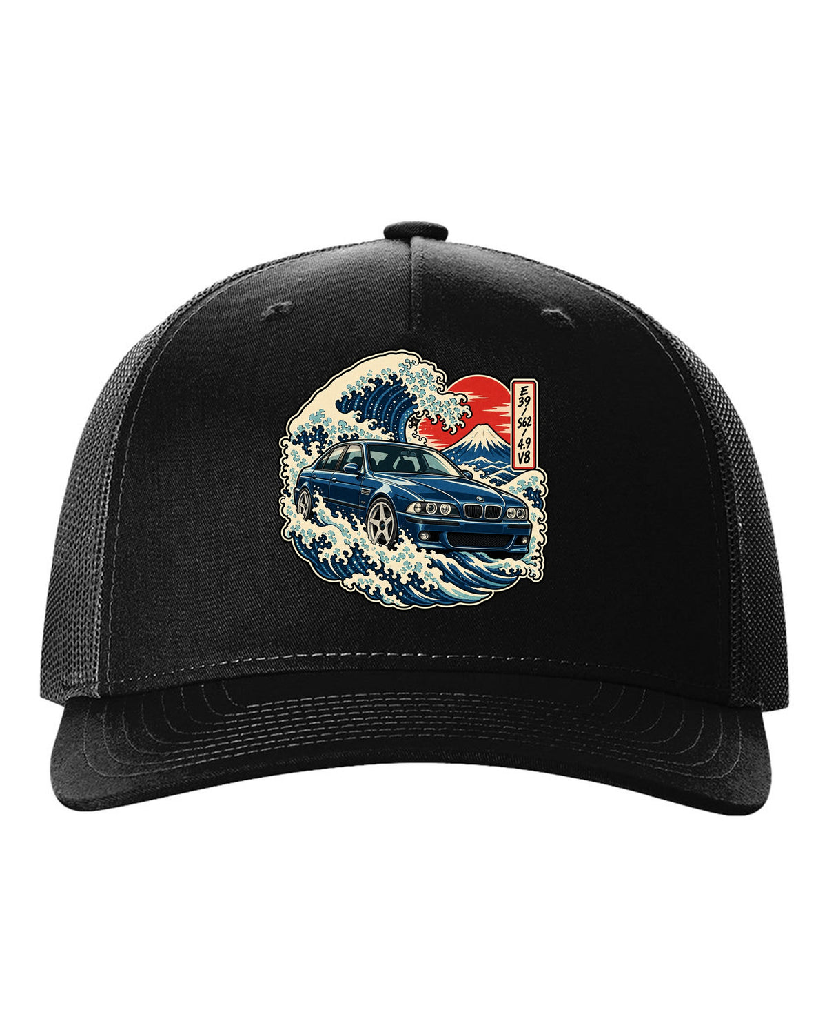 Comic halftone pop-art print of a BMW M5 E39 with one more bolt caption black hat front view with the design