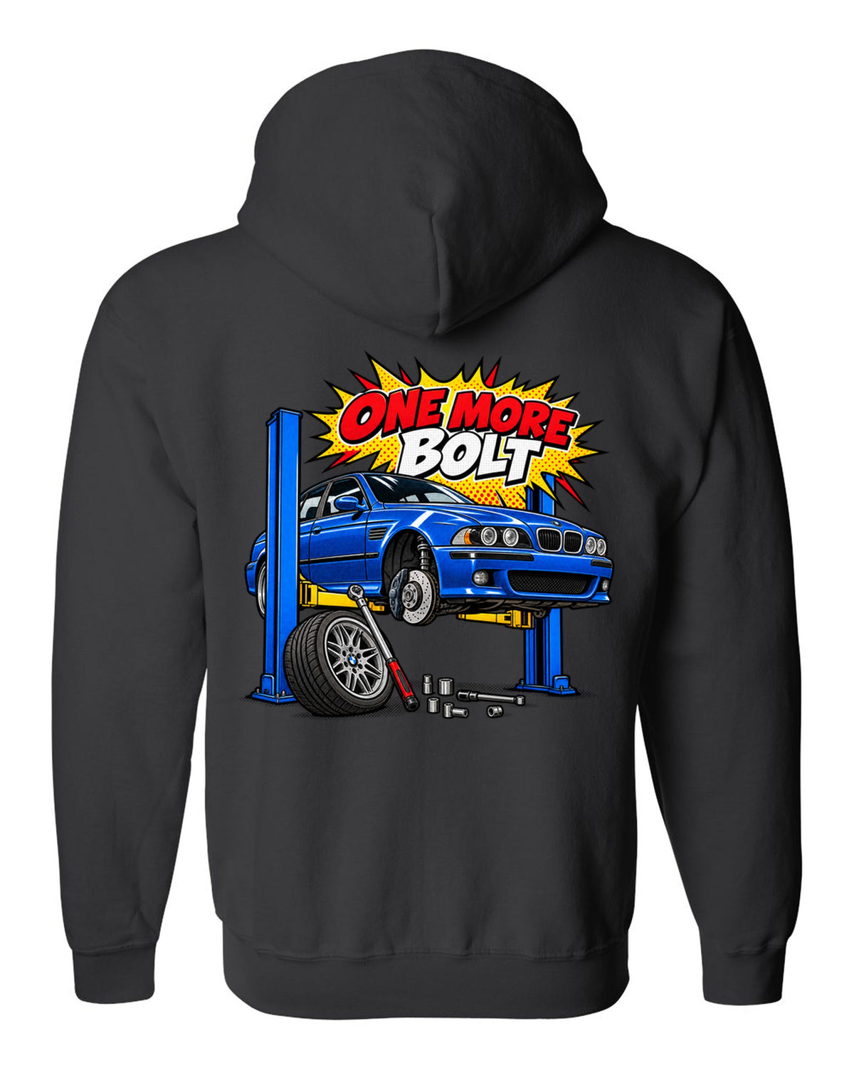 Ukiyo-e woodblock wave print of a BMW M5 E39 with S62 4.9 V8 text black zip hoodie back view with the design
