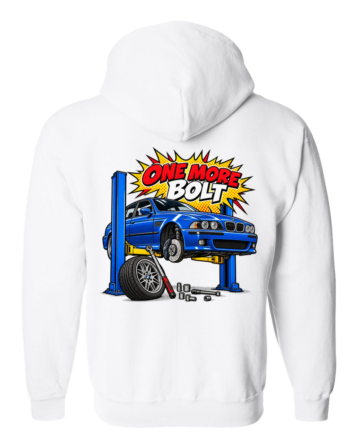 Ukiyo-e woodblock wave print of a BMW M5 E39 with S62 4.9 V8 text white zip hoodie back view with the design