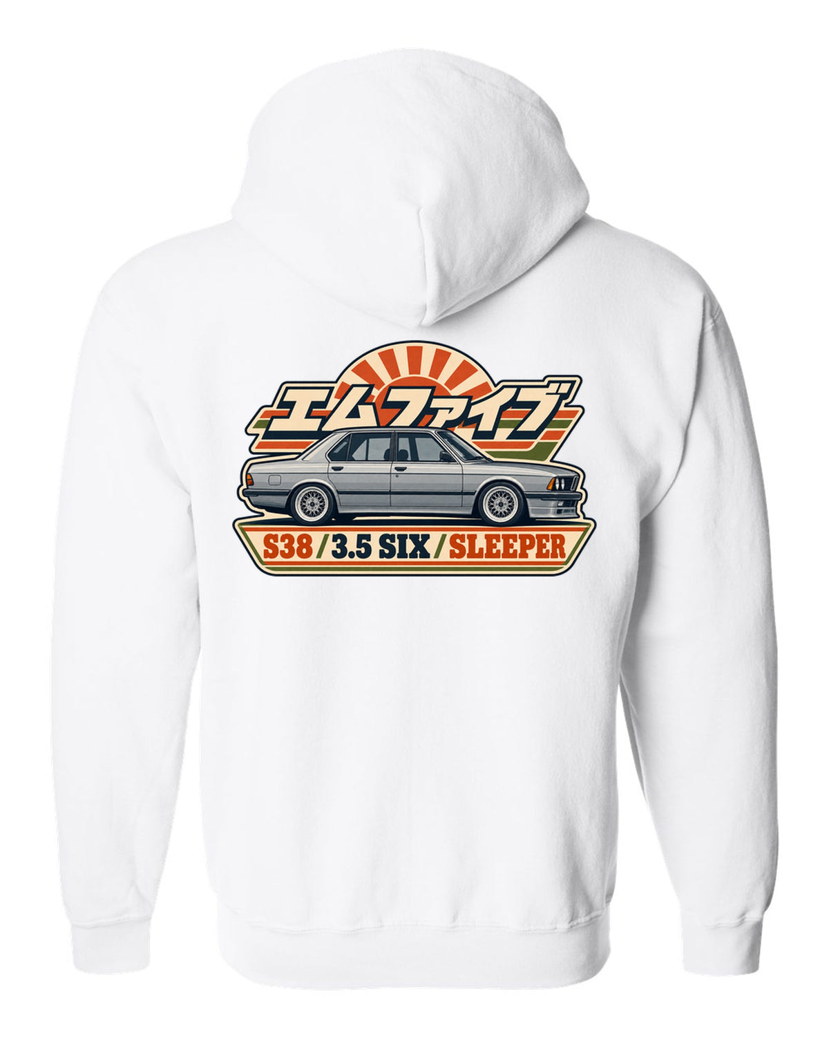 Vintage alpine pass race poster print of a BMW M5 E60 with rod bearing fund text white zip hoodie back view with the design
