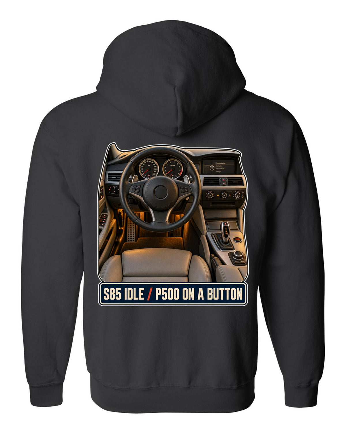 BMW M5 E60 interior cockpit and gauge print black zip hoodie back view with the design