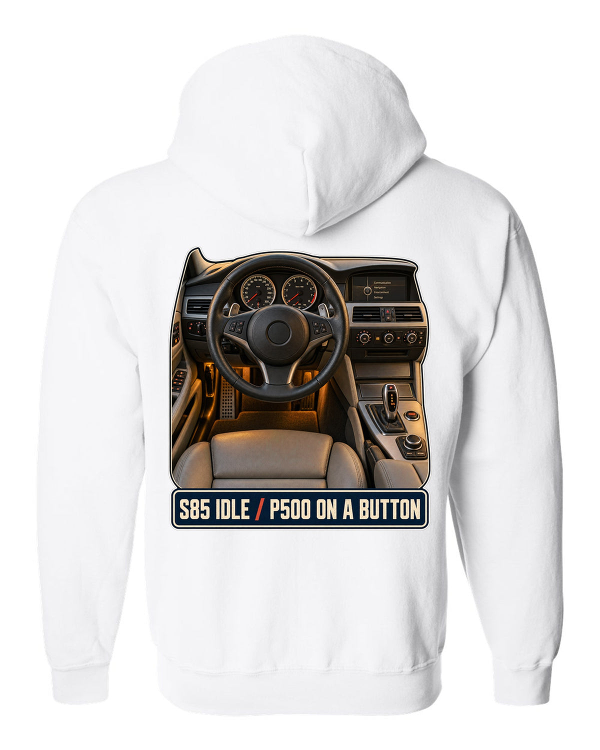 BMW M5 E60 interior cockpit and gauge print white zip hoodie back view with the design
