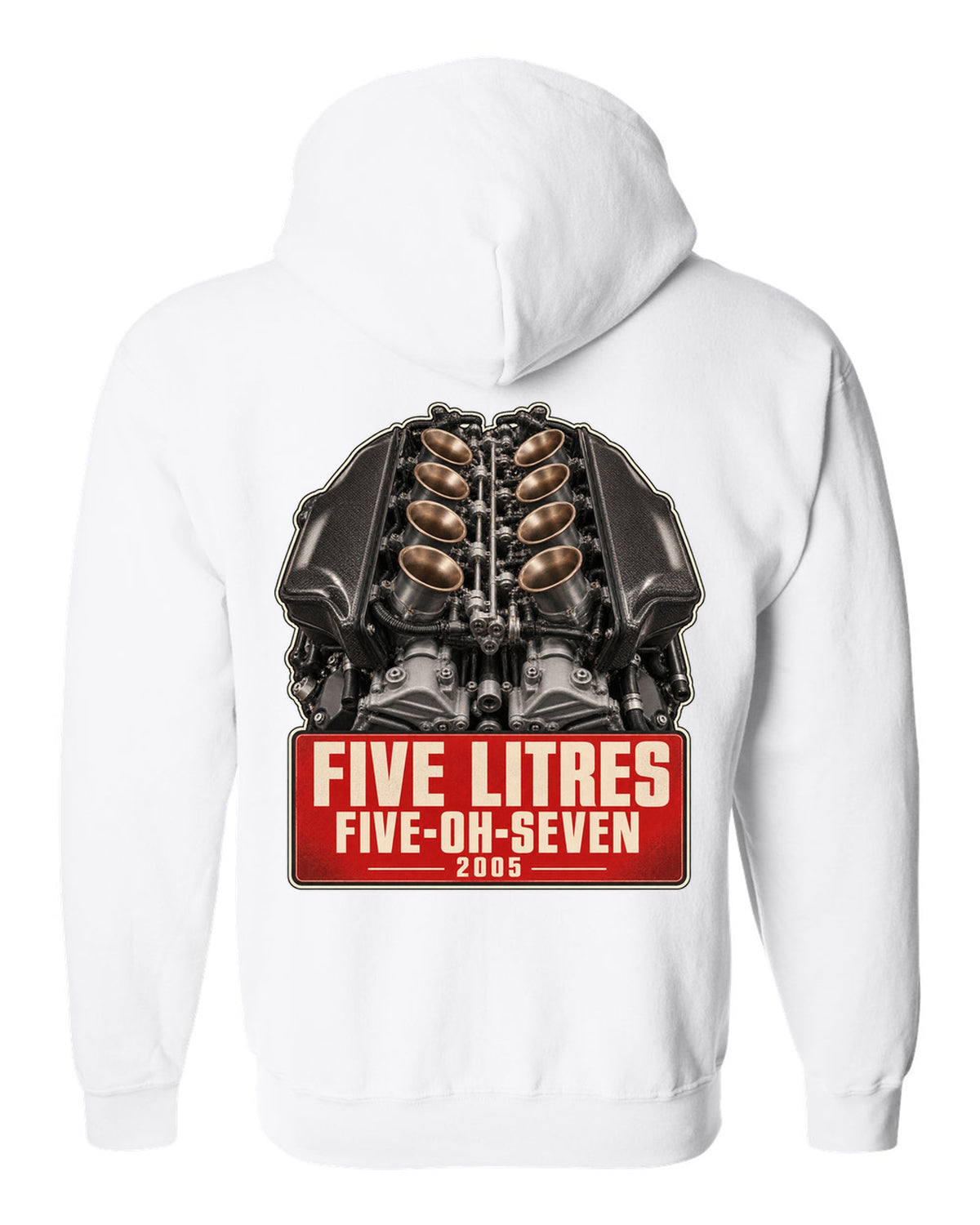 BMW M5 E60 S85 V10 engine poster-style print white zip hoodie back view with the design