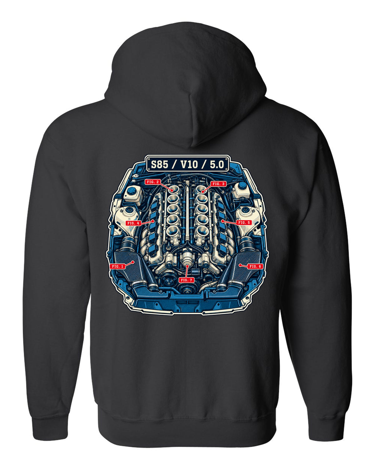 Blueprint patent-style line drawing of the BMW S85 V10 engine from the M5 E60 black zip hoodie back view with the design