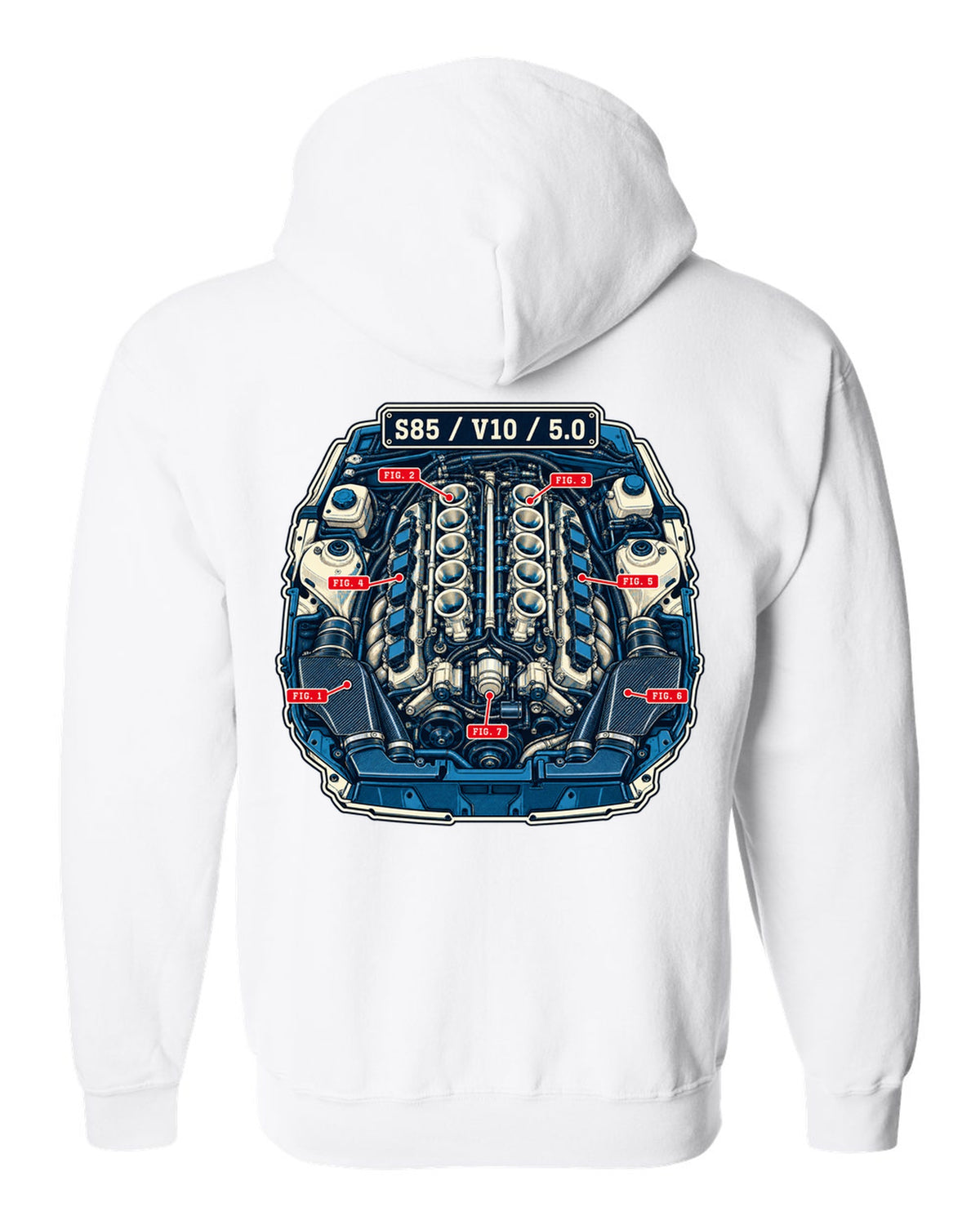 Blueprint patent-style line drawing of the BMW S85 V10 engine from the M5 E60 white zip hoodie back view with the design