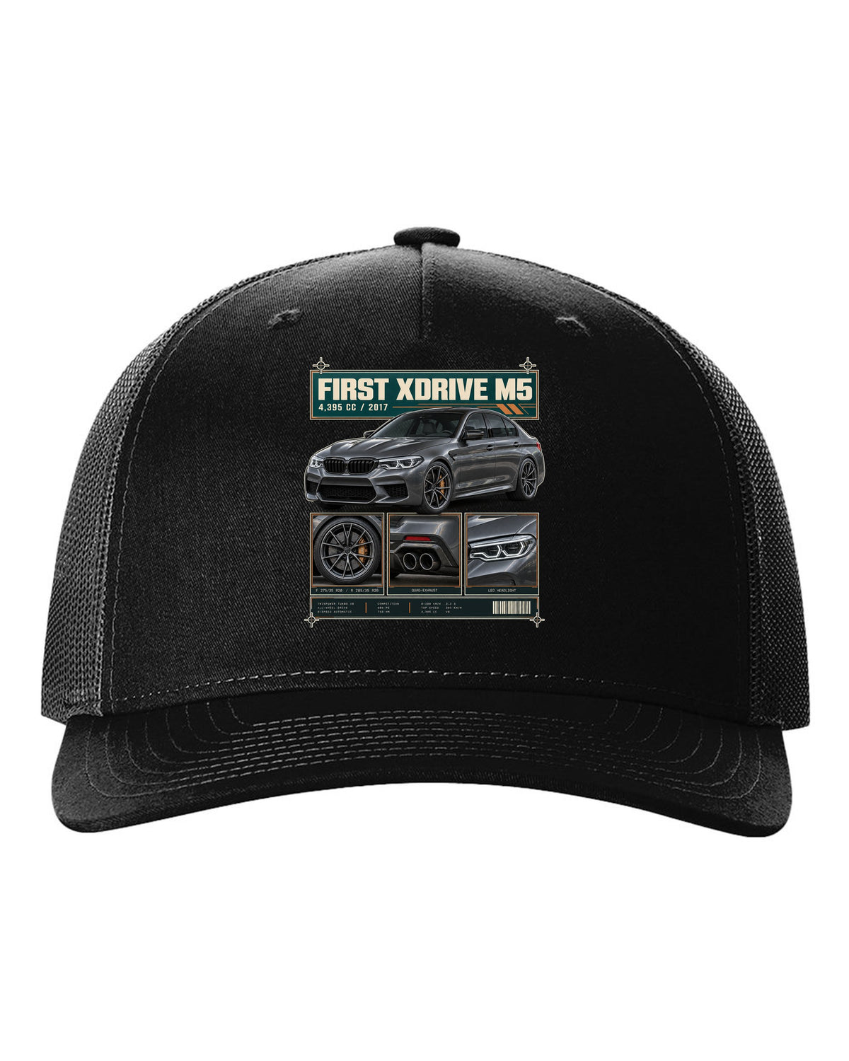 BMW M5 F90 Competition dossier panel print on a tee black hat front view with the design