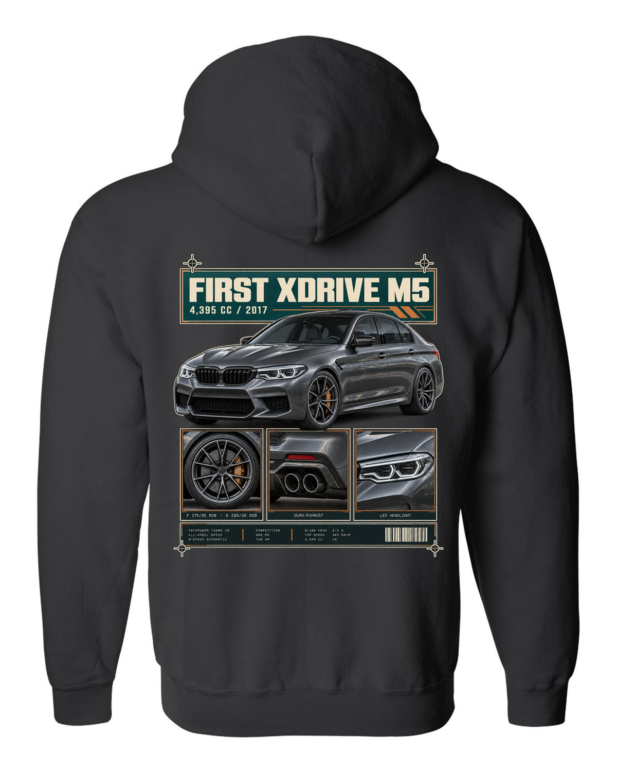 BMW M5 F90 Competition dossier panel print on a tee black zip hoodie back view with the design