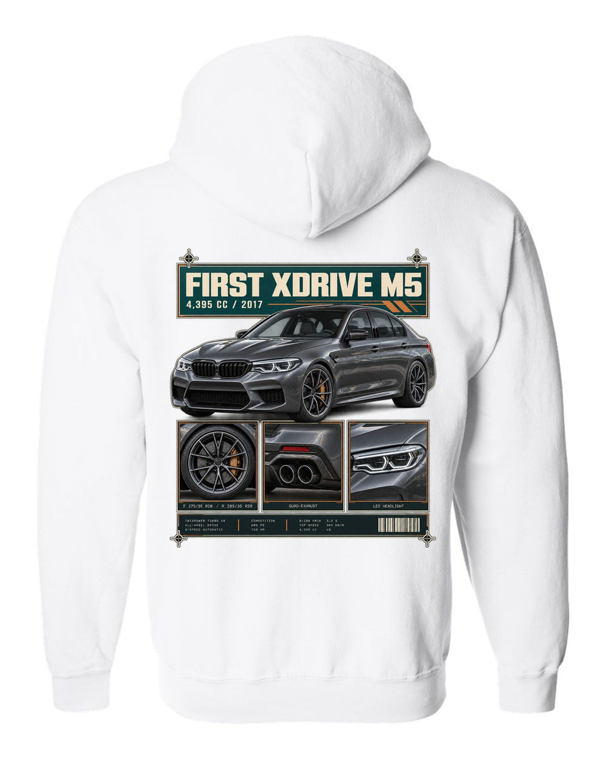 BMW M5 F90 Competition dossier panel print on a tee white zip hoodie back view with the design