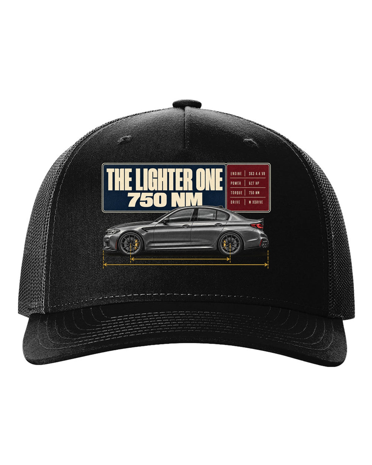 BMW M5 F90 CS spec poster print on a tee black hat front view with the design