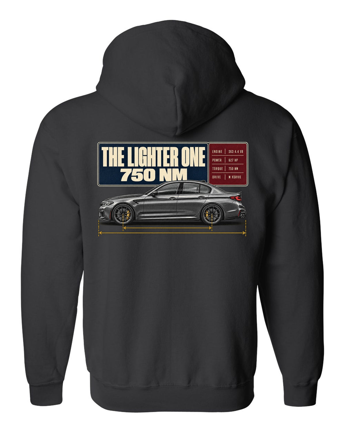 BMW M5 F90 CS spec poster print on a tee black zip hoodie back view with the design