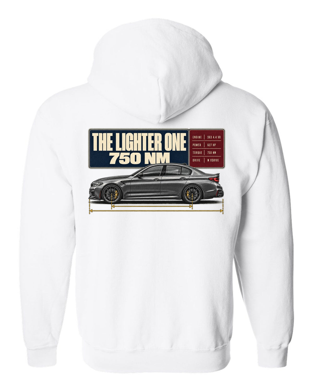 BMW M5 F90 CS spec poster print on a tee white zip hoodie back view with the design