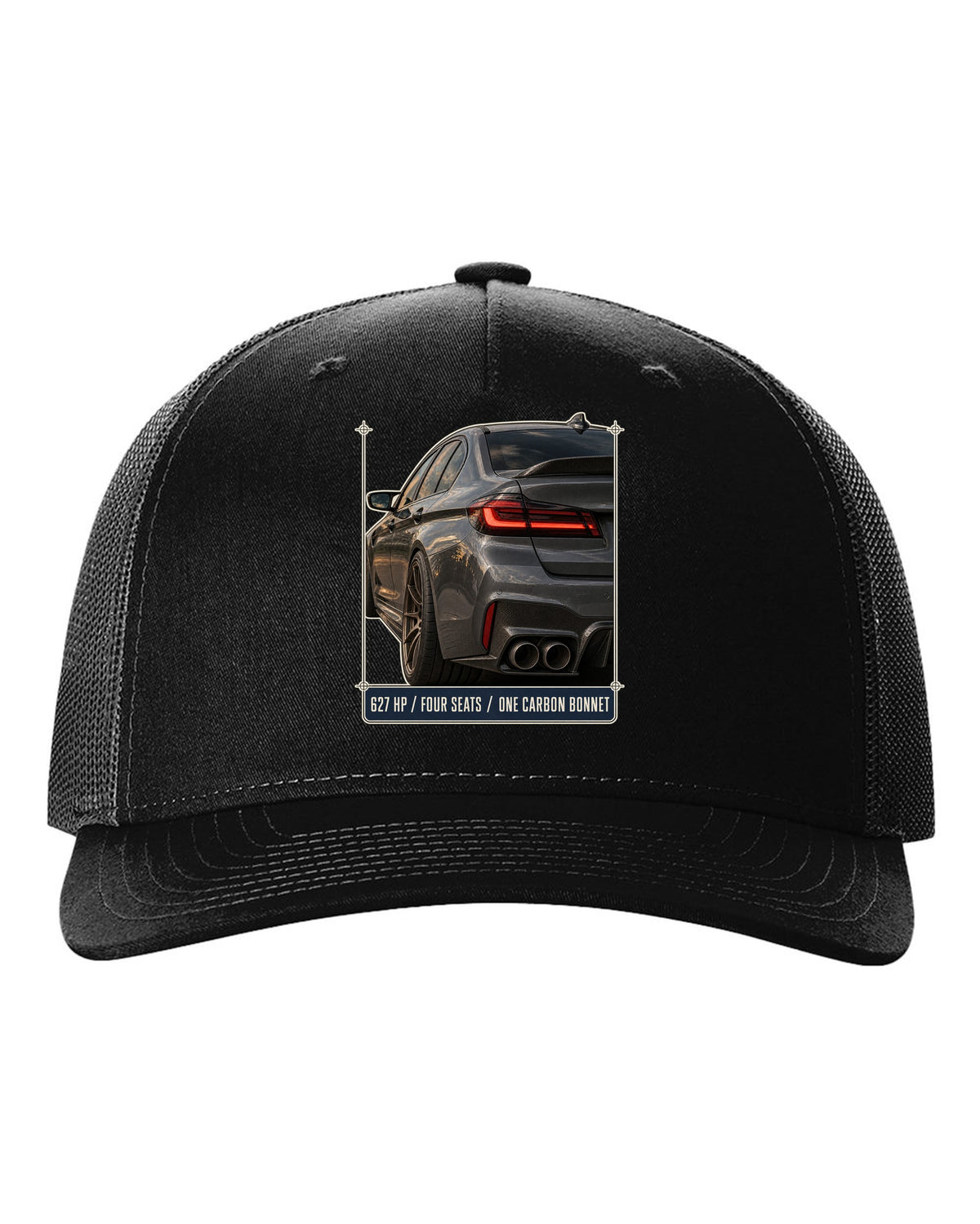 BMW M5 F90 CS taillight macro print with 627 HP, four seats and carbon bonnet text black hat front view with the design