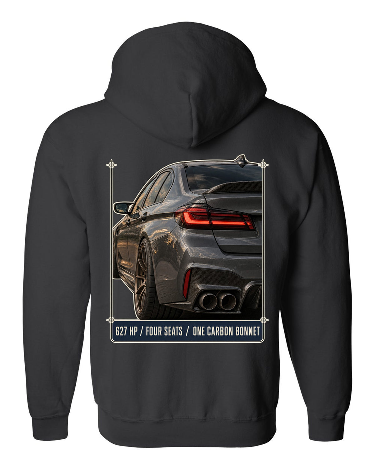 BMW M5 F90 CS taillight macro print with 627 HP, four seats and carbon bonnet text black zip hoodie back view with the design
