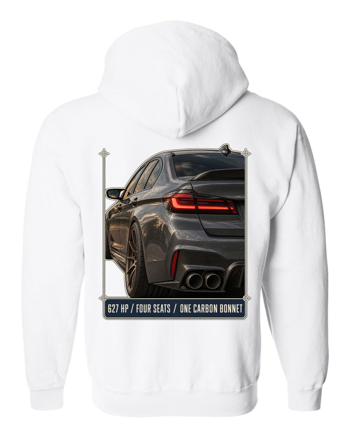 BMW M5 F90 CS taillight macro print with 627 HP, four seats and carbon bonnet text white zip hoodie back view with the design